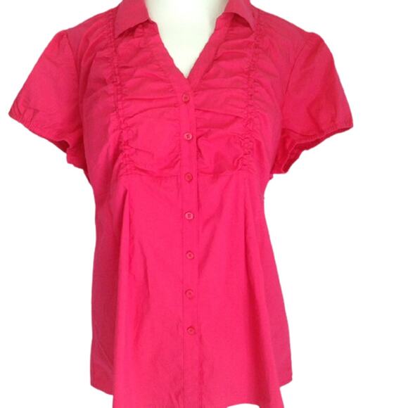 MOTHERHOOD MATERNITY Hot Pink Ruffle Short Sleeve Button Up Top XL Pregnancy - Picture 1 of 4